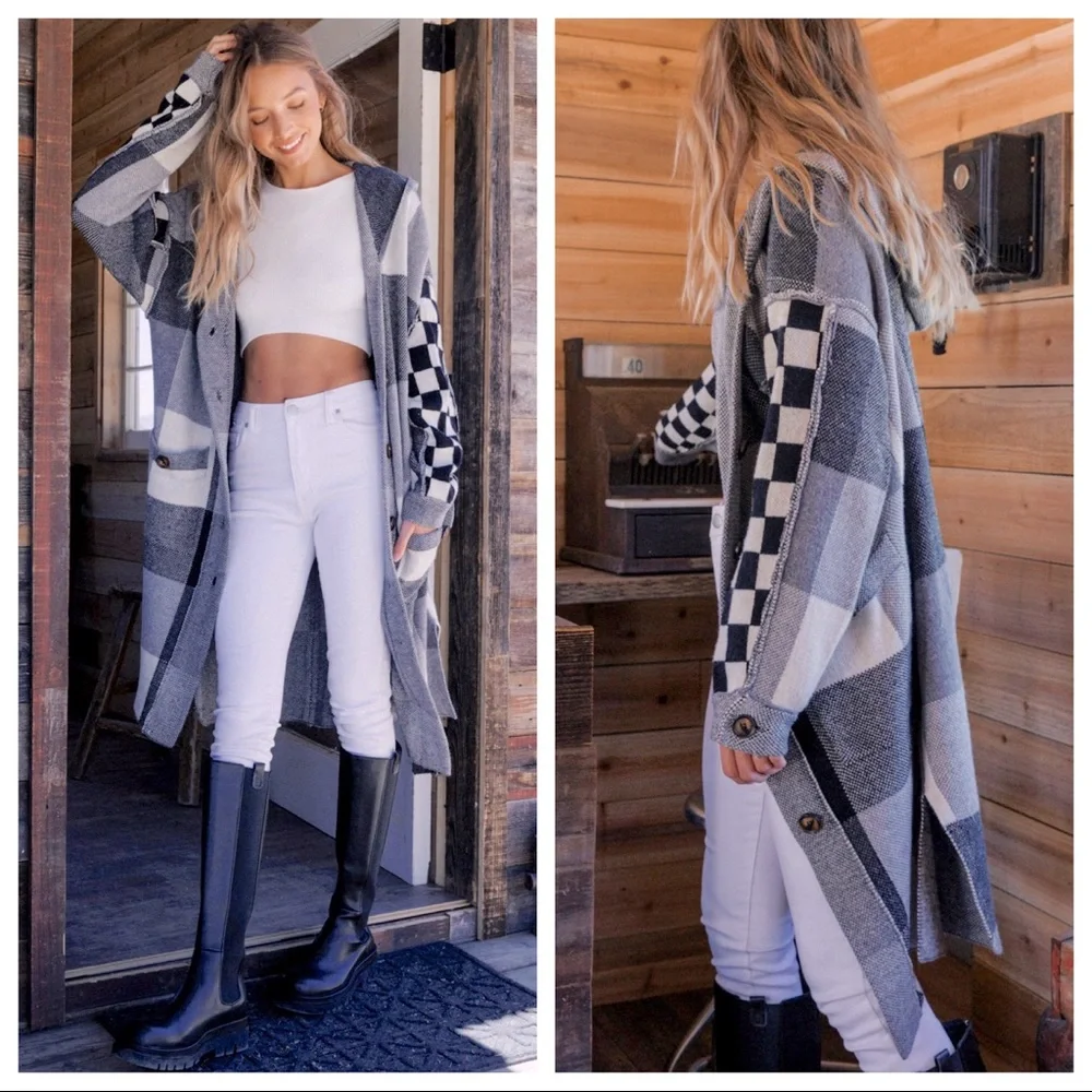 LAST ONE! Absolutely Fabulous Boho Multi Plaid Fabric Hoody Cardigan - Picture 1 of 6